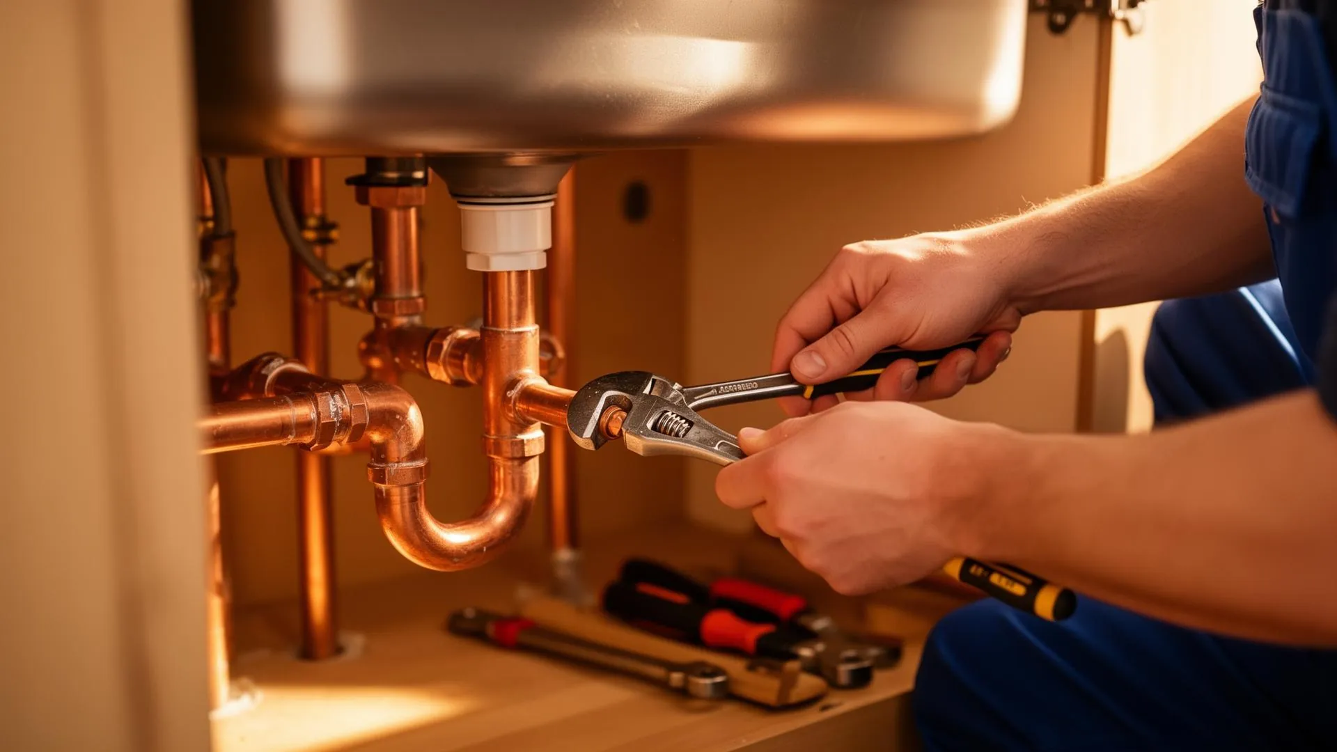 Master plumber repairing pipes on a home service call